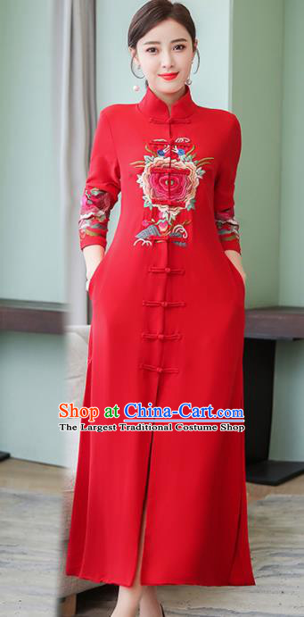 Chinese Traditional Embroidered Peony Red Front Opening Cheongsam Costume China National Qipao Dress for Women