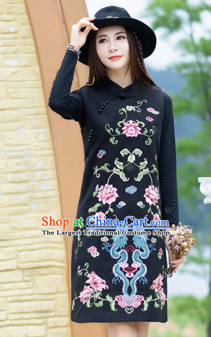 Chinese Traditional Embroidered Black Wool Cheongsam Vest Costume China National Qipao Dress for Women