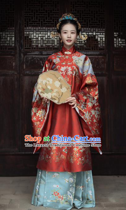 Chinese Ancient Royal Empress Embroidered Red Gown and Skirt Traditional Ming Dynasty Wedding Costumes for Women