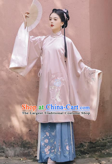 Chinese Ancient Rich Lady Embroidered Pink Gown and Skirt Traditional Ming Dynasty Court Costumes for Women