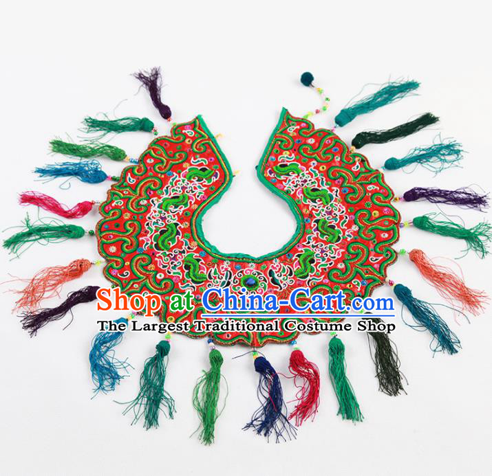 Chinese Traditional Dong Nationality Tassel Red Embroidered Shoulder Accessories Ethnic Embroidery Collar Craft