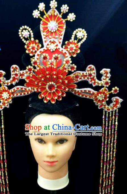 Chinese Traditional Peking Opera Queen Red Lotus Phoenix Coronet Hairpins Handmade Beijing Opera Diva Hair Accessories for Women