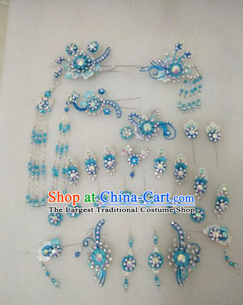 Chinese Traditional Peking Opera Blue Hairpins Handmade Beijing Opera Diva Hair Accessories for Women