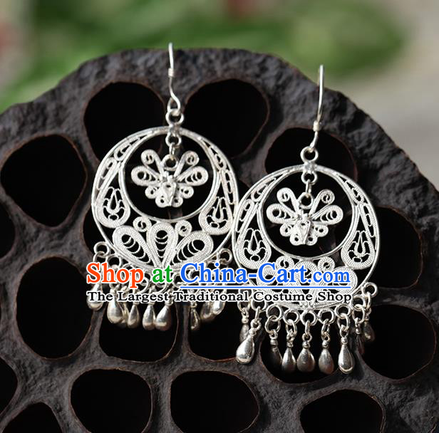 Chinese Traditional Miao Nationality Butterfly Earrings Handmade Ethnic Silver Ear Accessories for Women