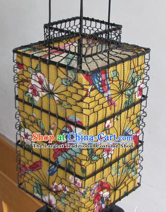 Chinese Outdoor Classical Printing Flowers Yellow Quadrate Palace Lantern Traditional Handmade Ironwork Ceiling Lamp