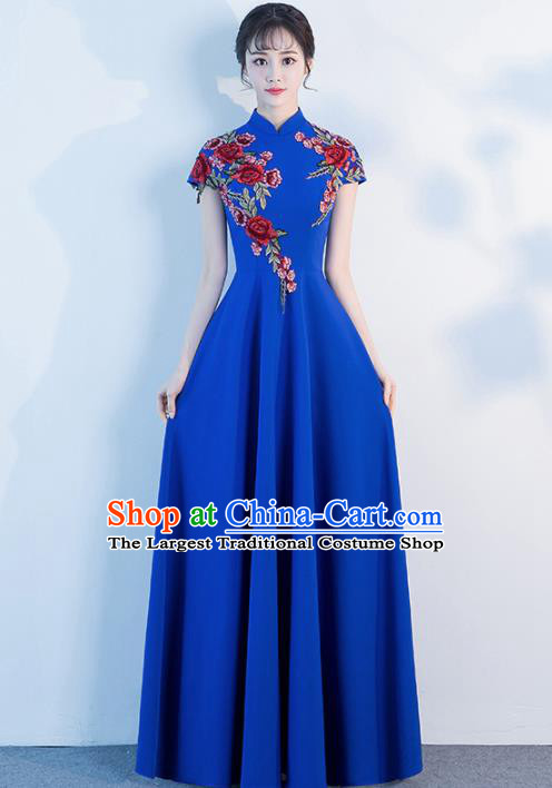 Top Grade Compere Embroidered Roses Royalblue Full Dress Annual Gala Stage Show Chorus Costume for Women