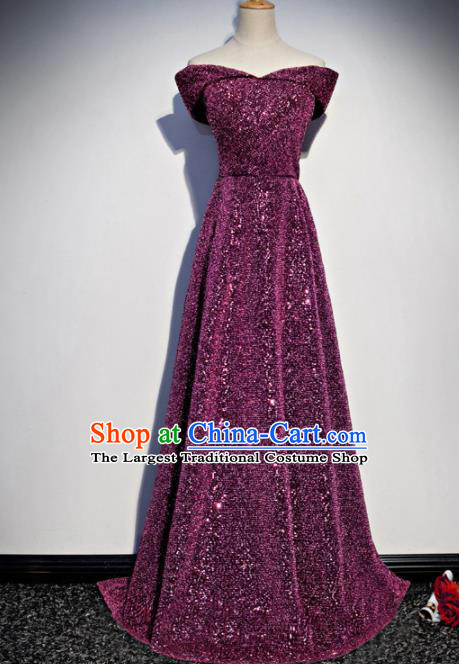 Top Grade Compere Purple Sequins Full Dress Annual Gala Stage Show Chorus Costume for Women