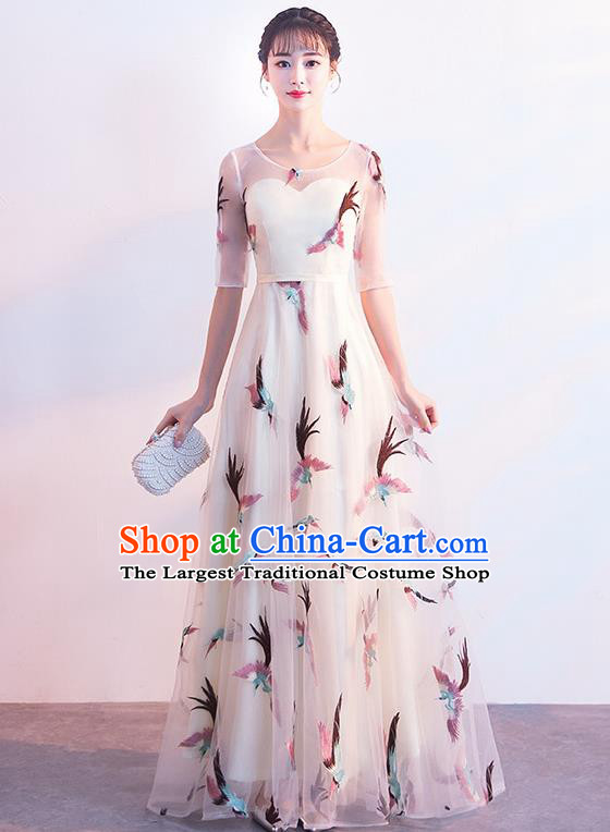 Top Grade Compere Printing Birds White Full Dress Annual Gala Stage Show Chorus Costume for Women