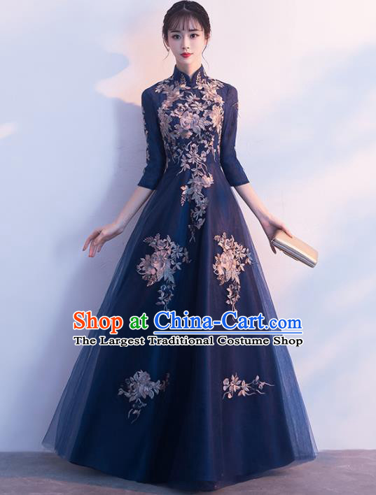 Top Grade Compere Embroidered Navy Veil Full Dress Annual Gala Stage Show Chorus Costume for Women