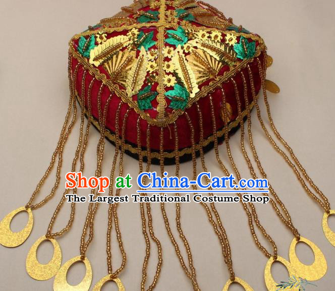 Chinese Traditional Uyghur Nationality Girls Golden Beads Tassel Hat Ethnic Folk Dance Stage Show Headwear for Kids