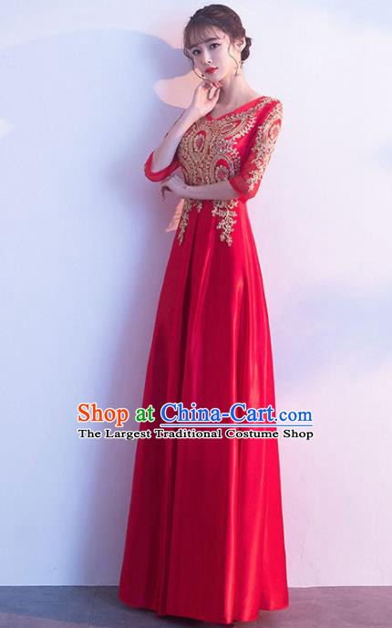 Top Grade Compere Red Satin Full Dress Annual Gala Stage Show Chorus Costume for Women