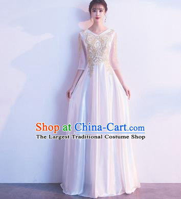 Top Grade Compere White Satin Full Dress Annual Gala Stage Show Chorus Costume for Women