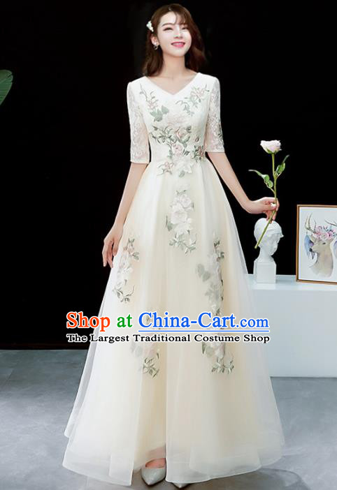 Top Grade Compere Embroidered Beige Veil Full Dress Annual Gala Stage Show Chorus Costume for Women