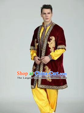 Chinese Traditional Uyghur Nationality Wine Red Outfits Xinjiang Ethnic Minority Folk Dance Stage Show Costume for Men