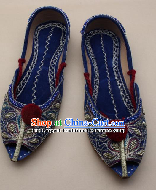 Asian India Traditional National Embroidered Royalblue Shoes Handmade Indian Folk Dance Shoes for Women