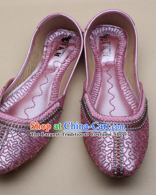 Asian Nepal National Handmade Pink Embroidered Shoes Indian Traditional Folk Dance Leather Shoes for Women