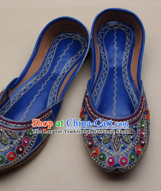 Asian Nepal National Handmade Embroidered Beads Royalblue Shoes Indian Traditional Folk Dance Leather Shoes for Women