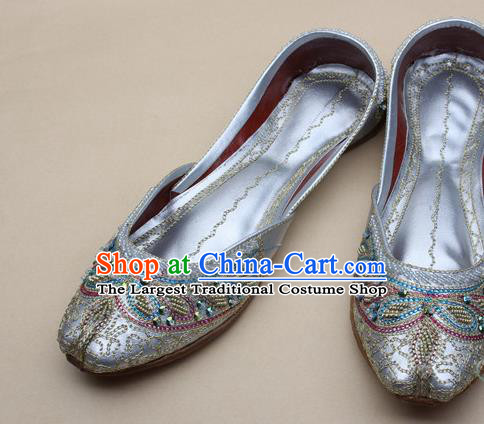 Asian Nepal National Handmade Beaded Silver Leather Shoes Indian Traditional Folk Dance Shoes for Women