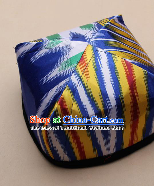 Handmade Chinese Traditional Uyghur Minority Blue Silk Hat Ethnic Nationality Folk Dance Headwear for Women