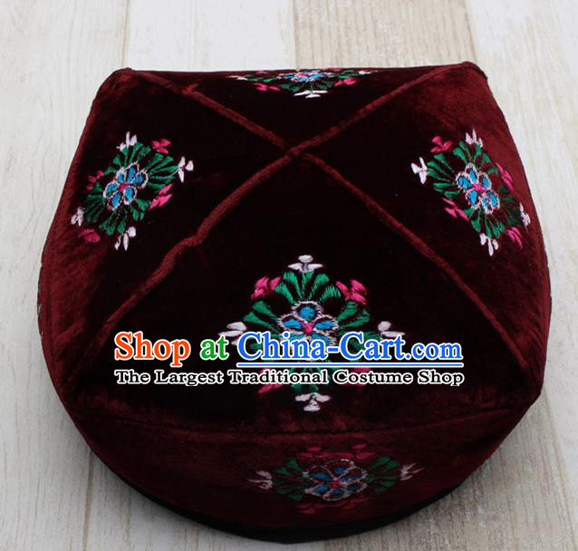 Chinese Traditional Uyghur Minority Embroidered Wine Red Hat Ethnic Xinjiang Folk Dance Headwear for Men