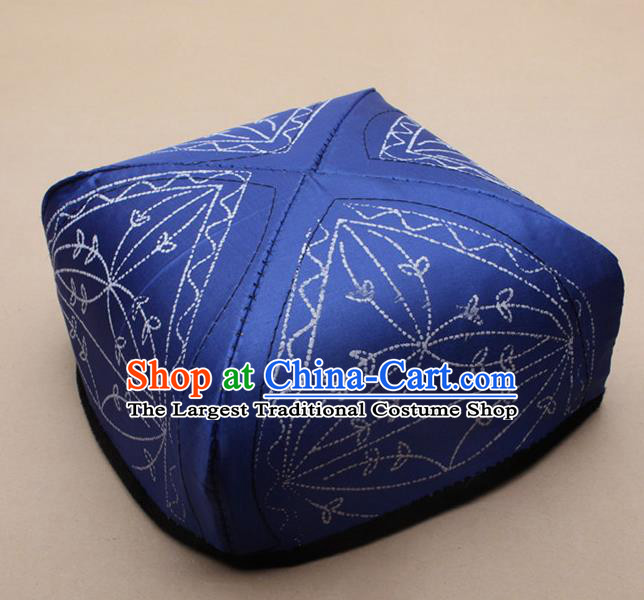 Chinese Traditional Uyghur Minority Blue Silk Hat Ethnic Xinjiang Folk Dance Headwear for Men