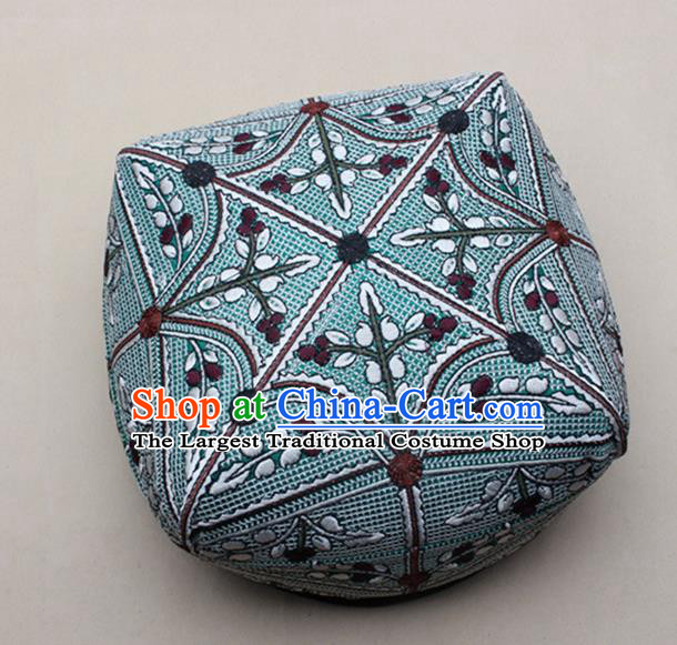 Chinese Traditional Uyghur Minority Dance Light Blue Hat Xinjiang Ethnic Headwear for Men