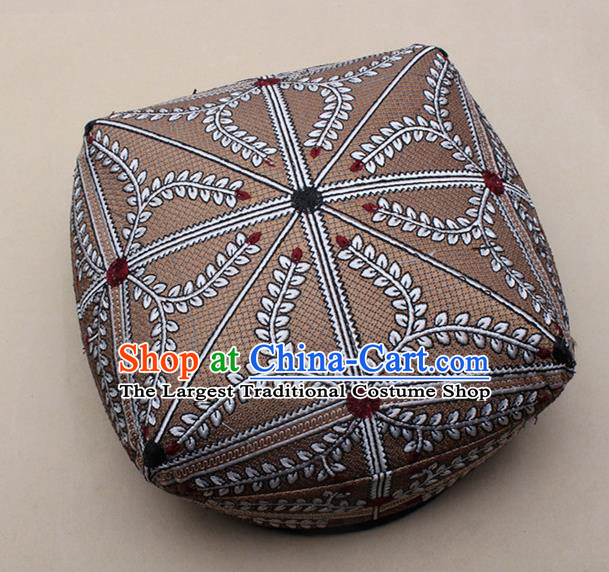 Chinese Traditional Uyghur Minority Dance Light Brown Hat Xinjiang Ethnic Headwear for Men