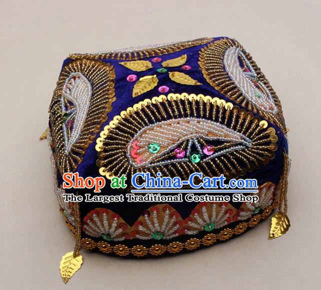 Handmade Chinese Traditional Uyghur Minority Beads Royalblue Hat Ethnic Nationality Folk Dance Headwear for Women