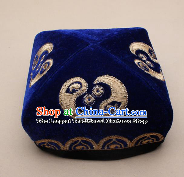 Chinese Traditional Uyghur Minority Dance Embroidered Royalblue Hat Xinjiang Ethnic Headwear for Men