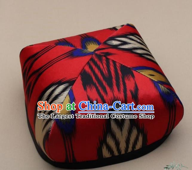 Handmade Chinese Traditional Uyghur Minority Dance Printing Red Silk Hat Ethnic Nationality Headwear for Women