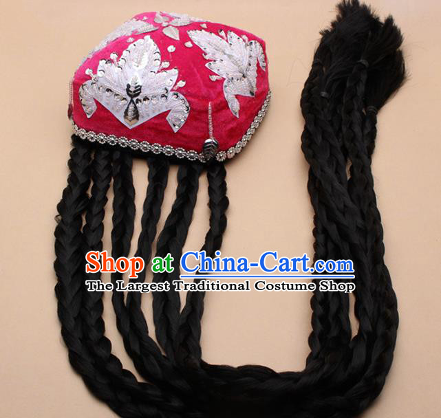 Chinese Traditional Uyghur Minority Dance Braid Rosy Hat Xinjiang Ethnic Nationality Headwear for Women