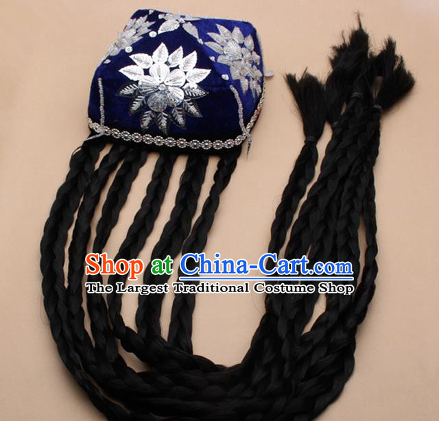 Chinese Traditional Uyghur Minority Dance Braid Paillette Blue Hat Xinjiang Ethnic Nationality Headwear for Women