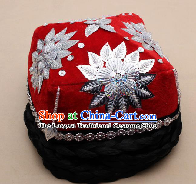 Chinese Traditional Uyghur Minority Dance Braid Paillette Red Hat Xinjiang Ethnic Nationality Headwear for Women