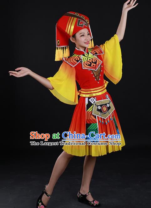 Traditional Chinese Zhuang Nationality Liu Sanjie Red Dress Guangxi Ethnic Folk Dance Stage Show Costume for Women