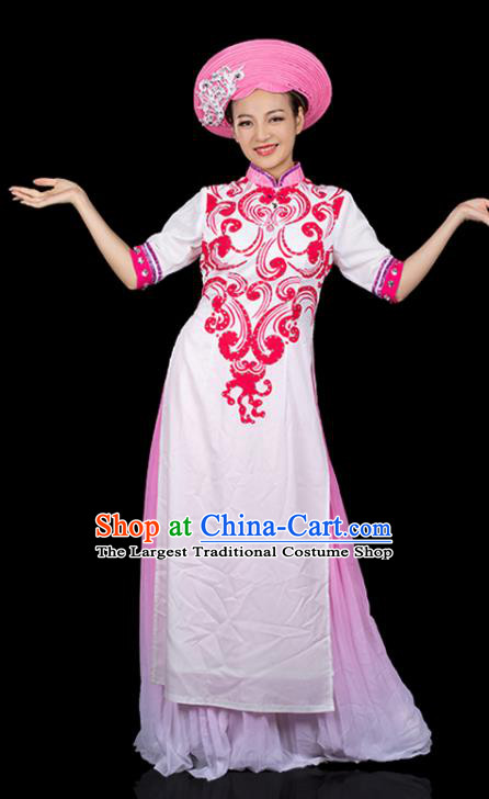 Traditional Chinese Jing Nationality Qipao Dress Ethnic Ha Festival Folk Dance Stage Show Costume for Women