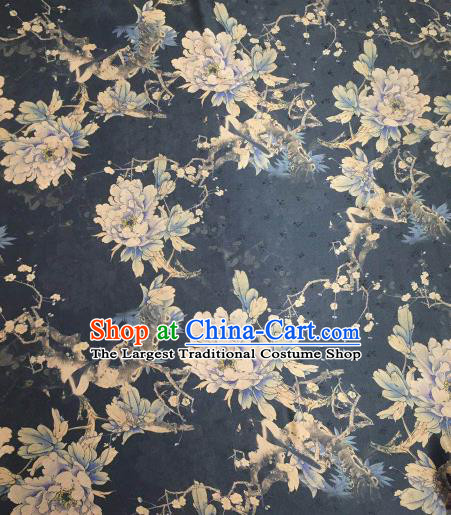 Asian Chinese Traditional Peony Pattern Design Navy Gambiered Guangdong Gauze Fabric Silk Material