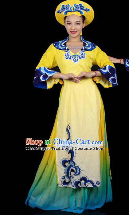 Traditional Chinese Jing Nationality Printing Yellow Dress Ethnic Ha Festival Folk Dance Costume for Women