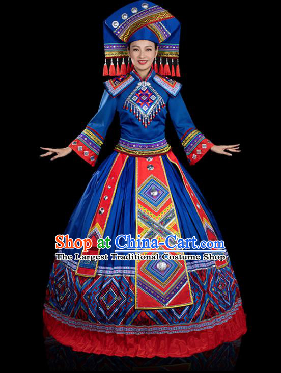 Traditional Chinese Zhuang Nationality Stage Show Royalblue Dress Ethnic Festival Folk Dance Costume for Women