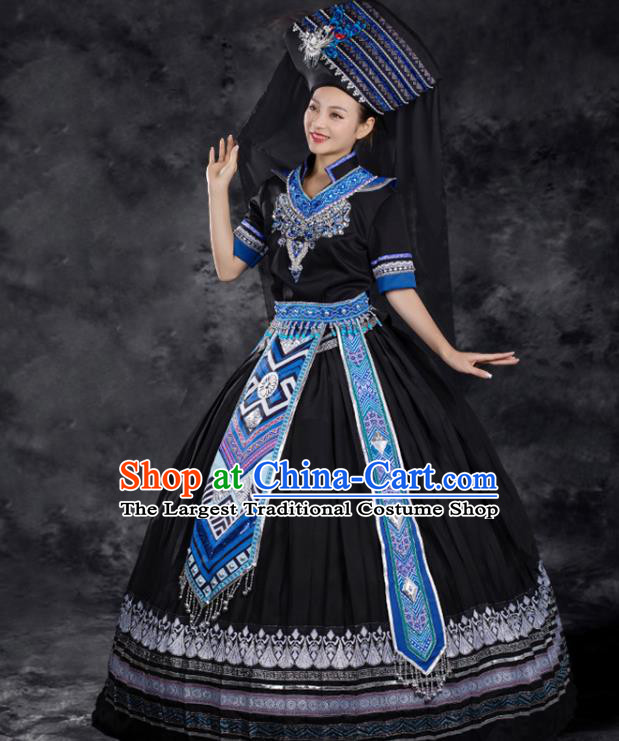 Chinese Traditional Zhuang Nationality Black Dress Ethnic Folk Dance Stage Show Liu Sanjie Costume for Women