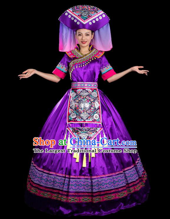 Chinese Traditional Zhuang Nationality Short Sleeve Deep Purple Dress Ethnic Folk Dance Stage Show Liu Sanjie Costume for Women