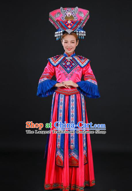 Chinese Traditional Zhuang Nationality Rosy Dress Ethnic Folk Dance Stage Show Costume for Women