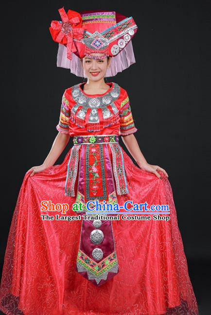 Chinese Traditional Zhuang Nationality Red Dress Ethnic Folk Dance Stage Show Costume for Women