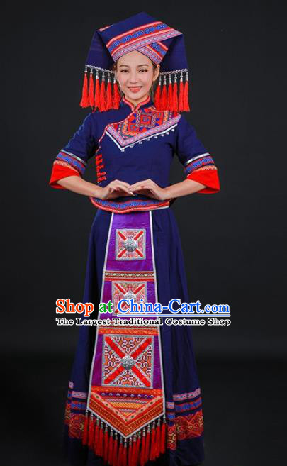 Chinese Traditional Zhuang Nationality Navy Dress Ethnic Folk Dance Stage Show Costume for Women