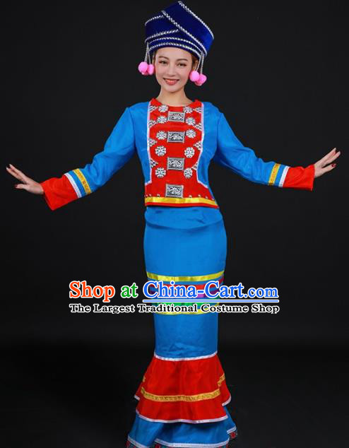 Chinese Traditional Deang Nationality Sky Blue Dress Ethnic Folk Dance Stage Show Costume for Women