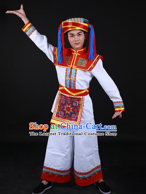 Chinese Traditional Hani Nationality Festival White Outfits Ethnic Minority Folk Dance Stage Show Costume for Men