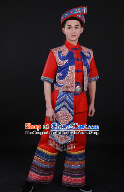 Chinese Traditional Zhuang Nationality Festival Red Outfits Ethnic Minority Folk Dance Stage Show Costume for Men