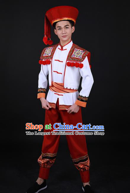 Chinese Traditional Yao Nationality Festival Red Outfits Ethnic Minority Folk Dance Stage Show Costume for Men