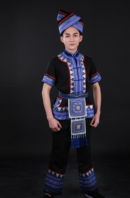 Chinese Traditional Zhuang Nationality Black Outfits Ethnic Minority Folk Dance Stage Show Costume for Men