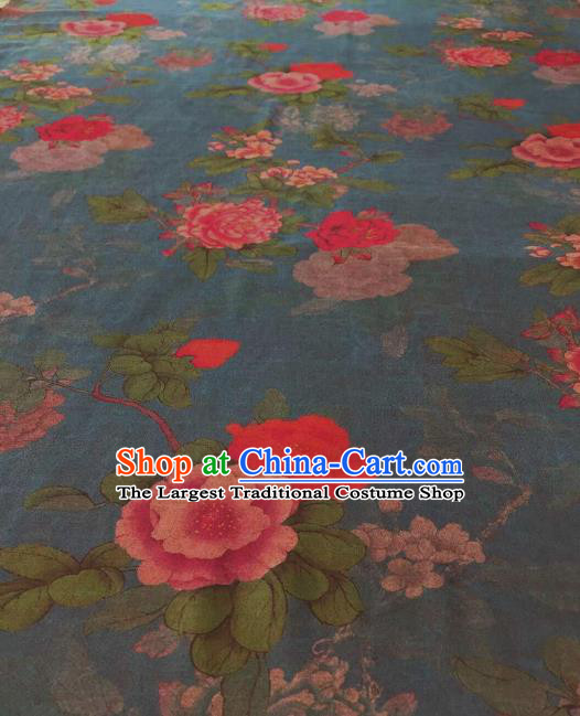 Asian Chinese Traditional Peony Pattern Design Peacock Blue Gambiered Guangdong Gauze Fabric Silk Material