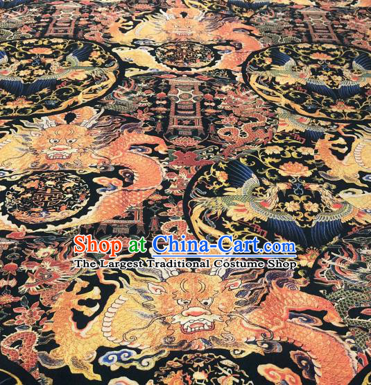 Asian Chinese Classical Dragons Pattern Design Black Gambiered Guangdong Gauze Fabric Traditional Silk Material